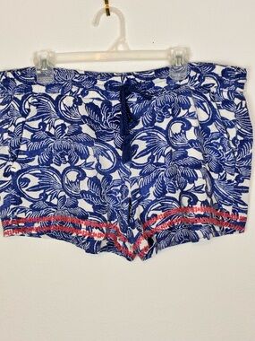 LOFT Blue Floral Drawstring Shorts w/ pink embroidery & pockets